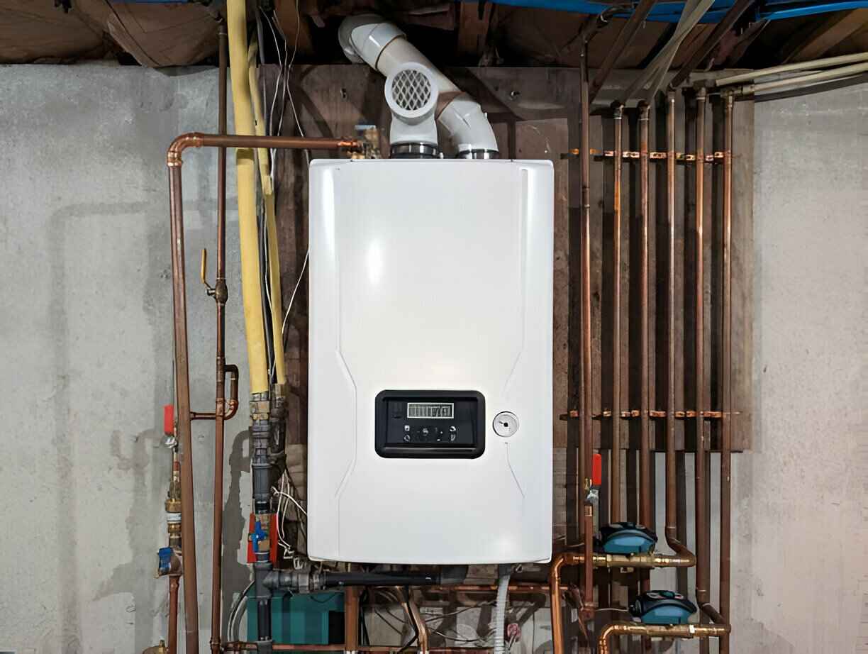 White wall-mounted boiler with copper pipes in mechanical room