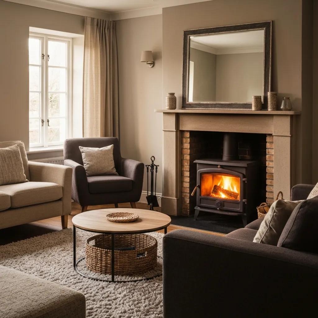 Cozy living room with a traditional fireplace — warm, comfortable and inviting