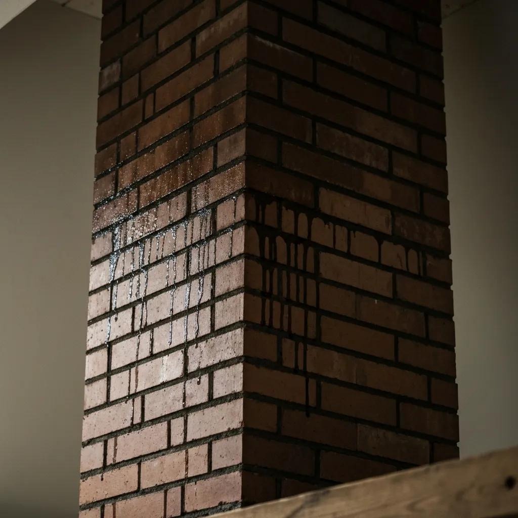 Chimney with water staining that suggests moisture intrusion and dampness