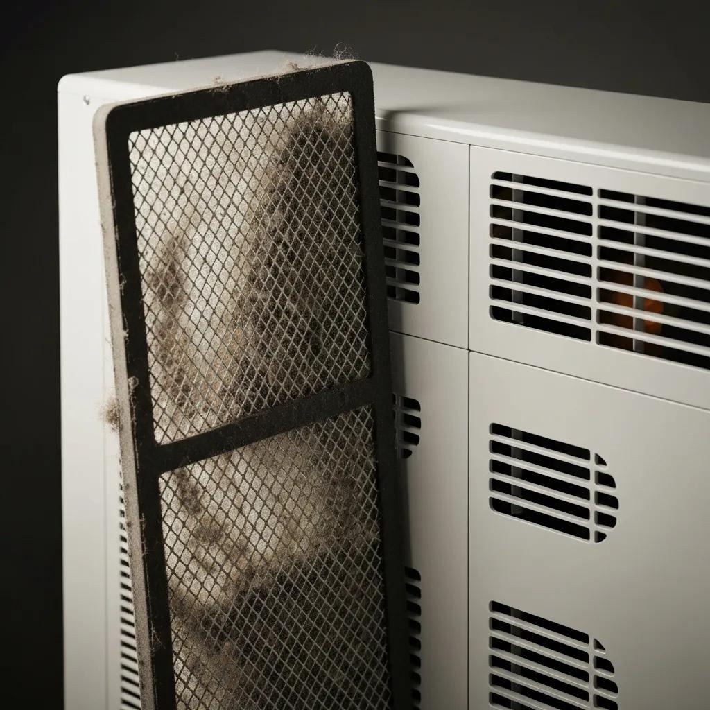 A clogged air filter beside a home heating unit