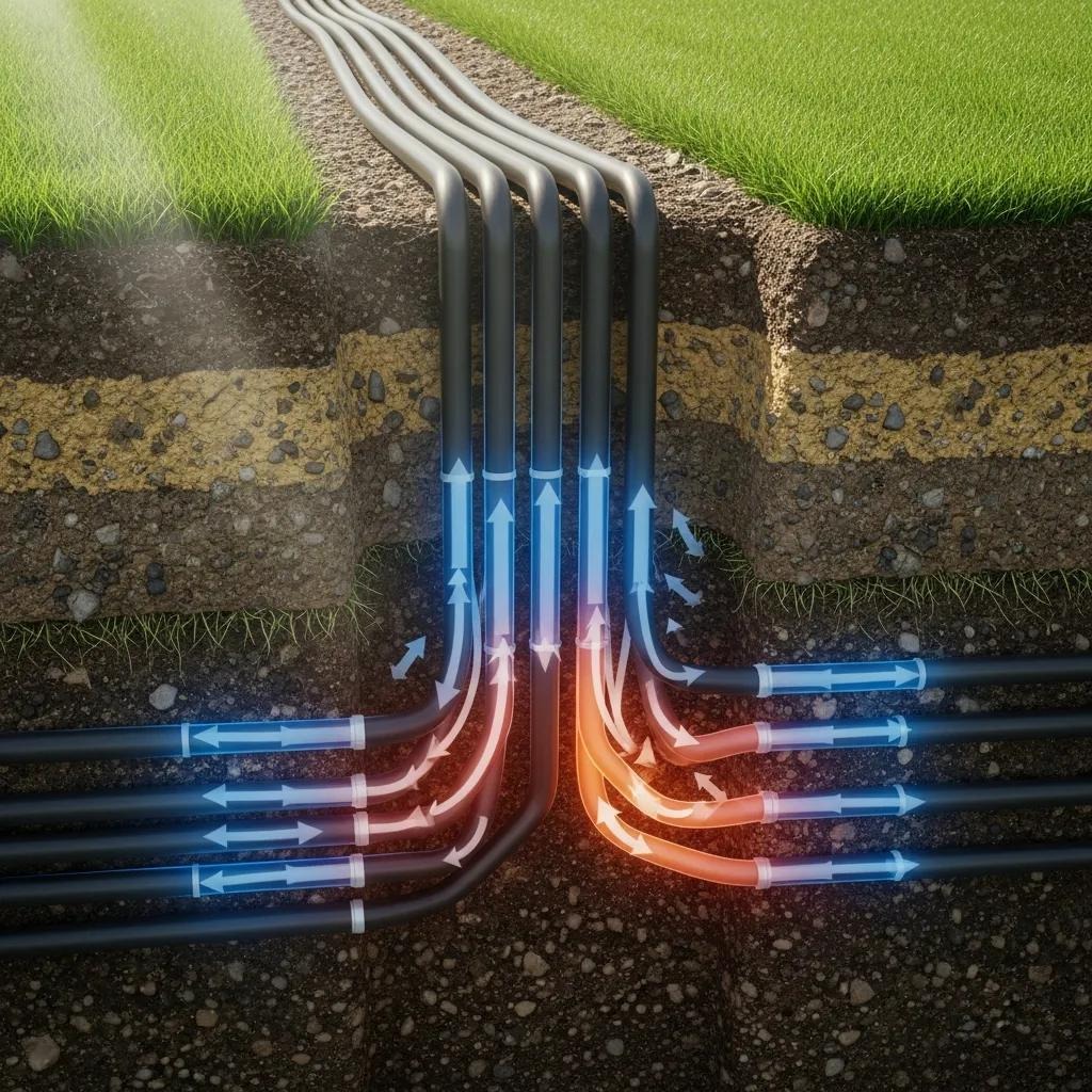 Diagram of underground geothermal loop system showing steady ground temperature and heat exchange