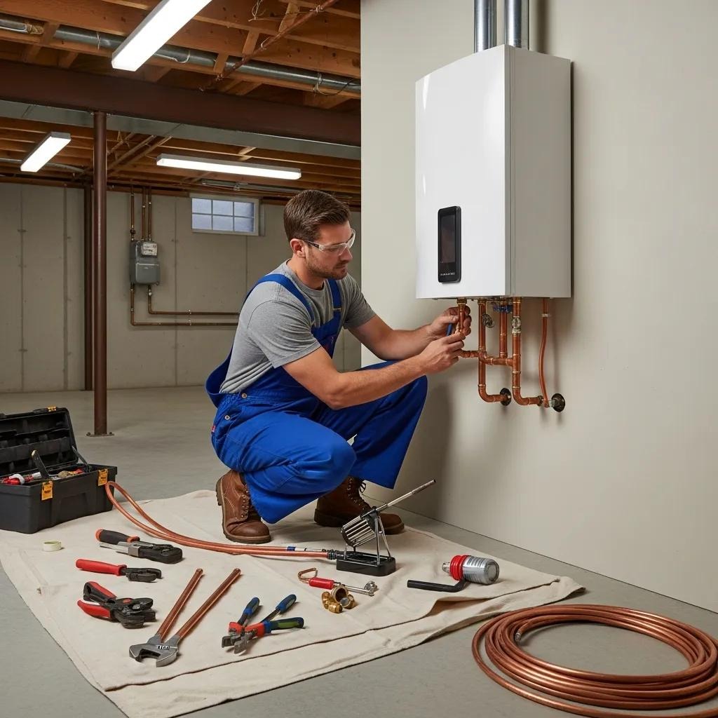 Professional plumber installing a tankless water heater in a home