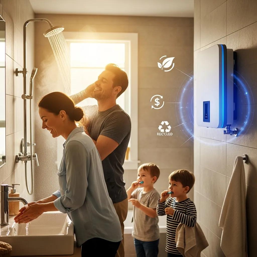 Family enjoying hot water from a tankless water heater, highlighting energy efficiency