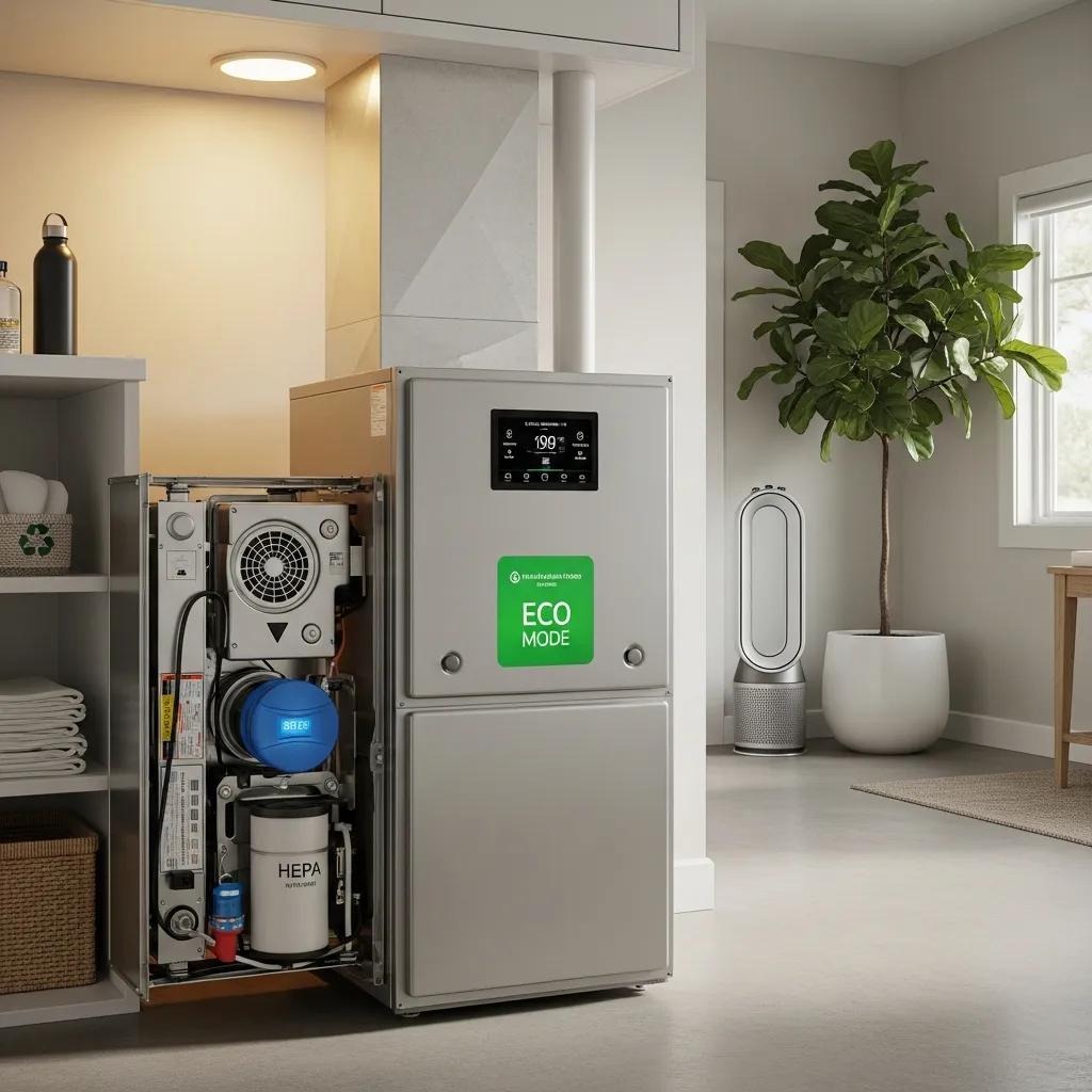 High-efficiency furnace in a modern home, emphasizing benefits like improved air quality and energy savings