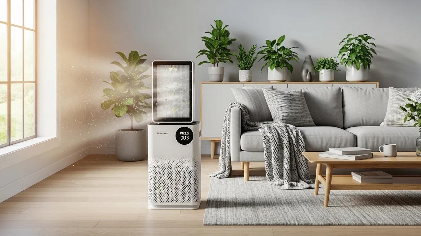 Modern air purifier in a bright living room enhancing indoor air quality