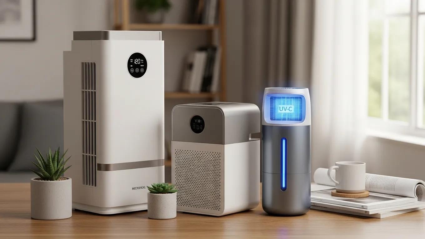 Different types of air purifiers including mechanical, electronic, and UV light models