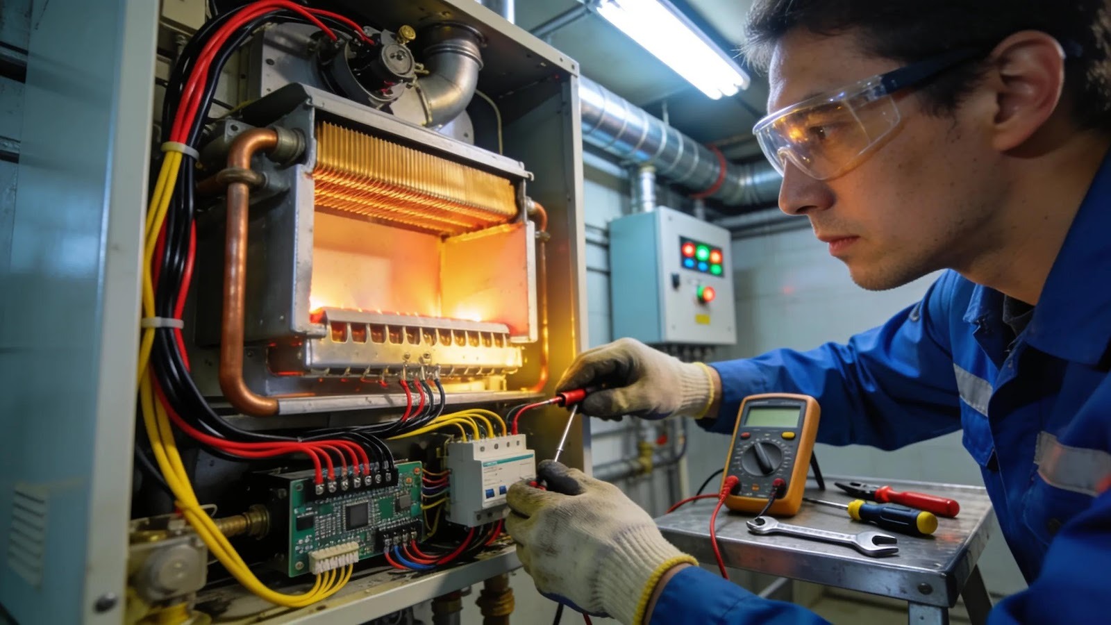 Technician inspecting a furnace's internal components for troubleshooting