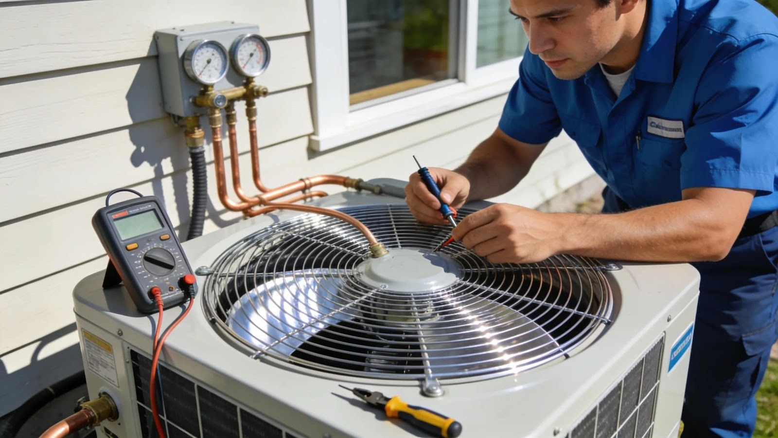 HVAC technician performing maintenance on a residential air conditioning unit