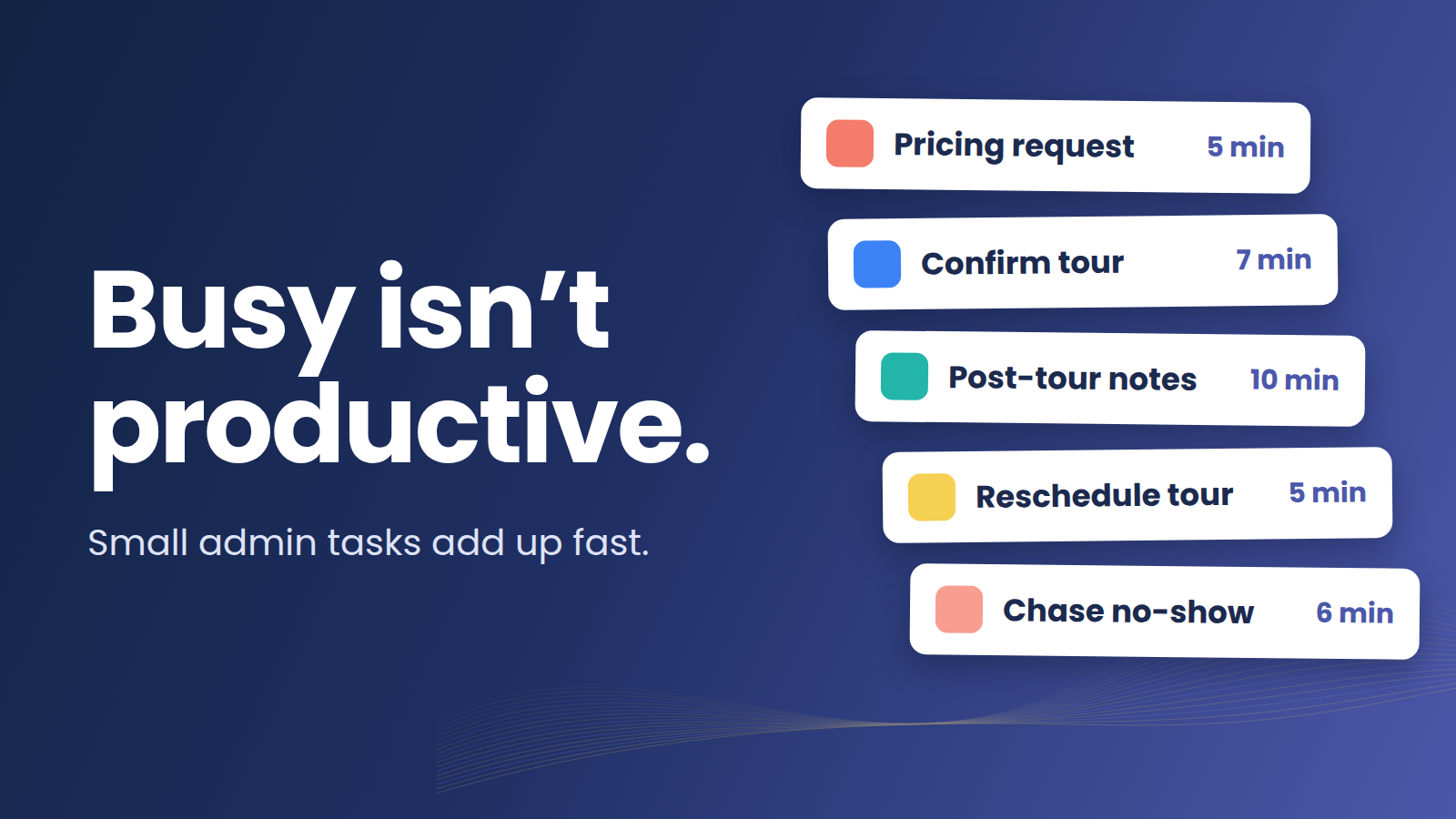 Busy isn't productive: a stack of small admin tasks, from pricing requests to chasing no-shows, adds up fast for one prospect.