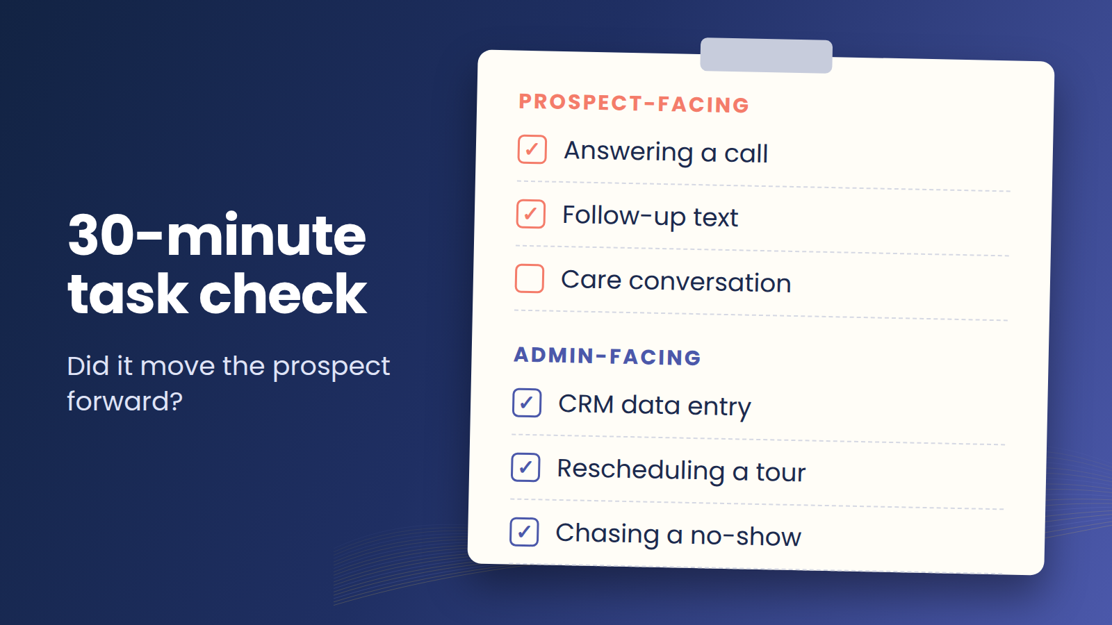 The 30-minute task check: a checklist sorting prospect-facing tasks like answering calls from admin-facing tasks like CRM entry and chasing no-shows.