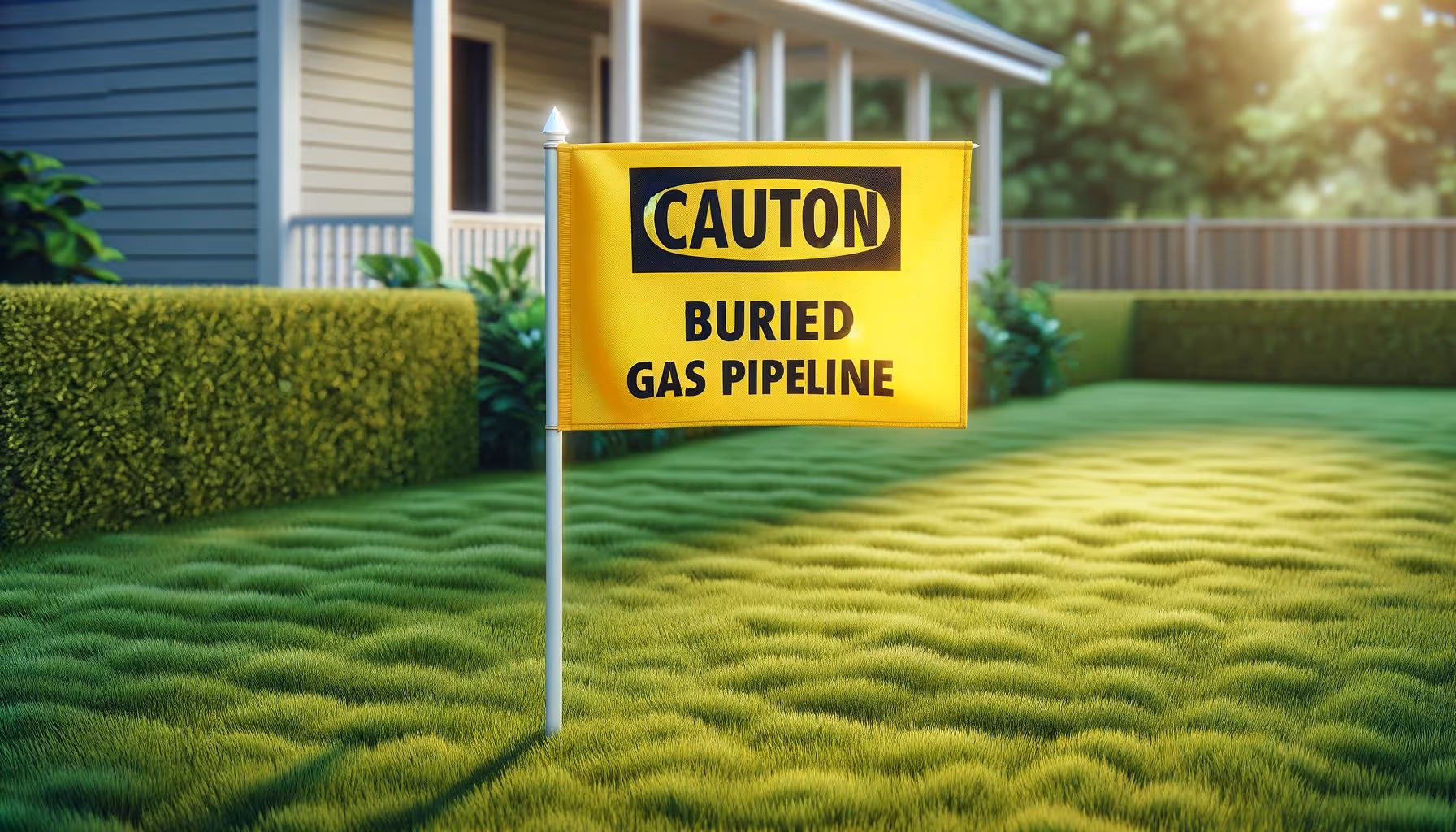 Yellow caution flag in well-manicured yard indicating buried gas pipeline below