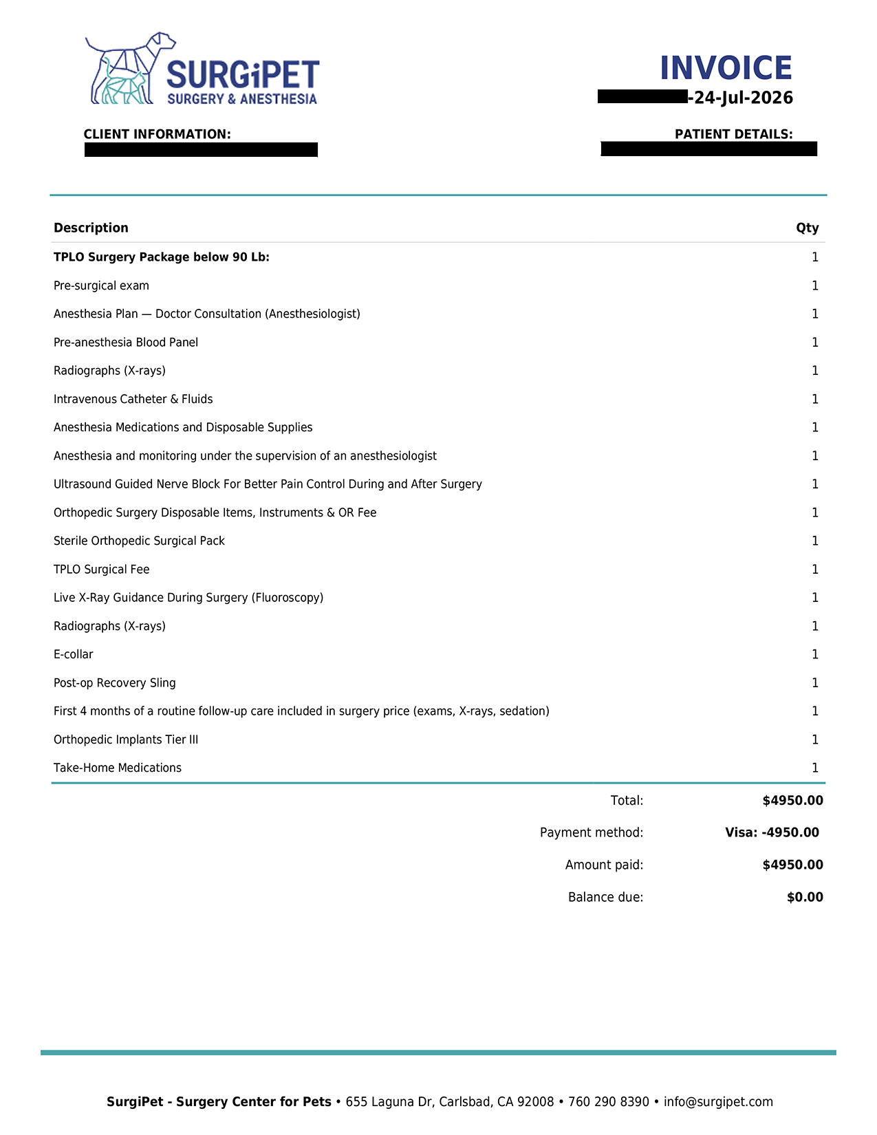 Redacted SurgiPet TPLO Invoice - July 2026 showing a $4,950 total package price