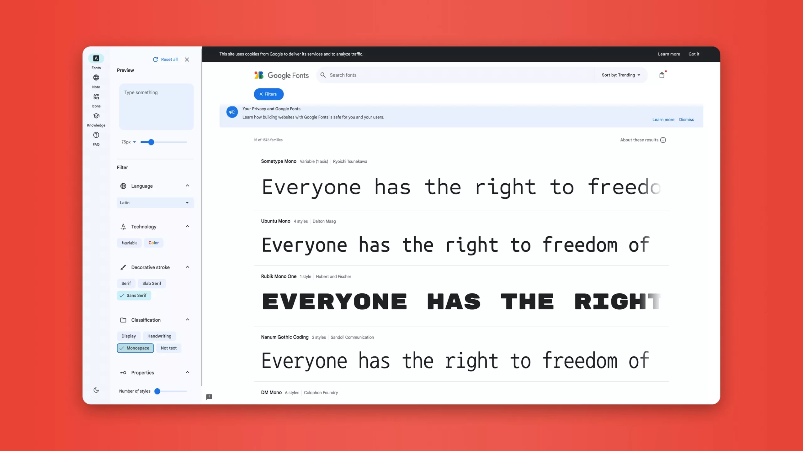 Captura de pantalla de Google Fonts