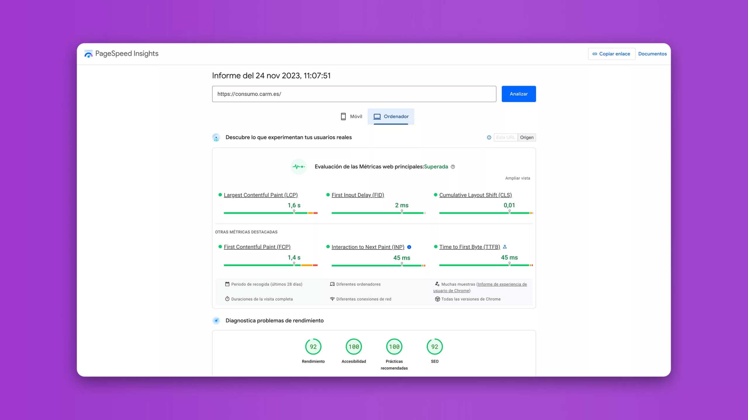 Ejemplo de PageSpeed Insights