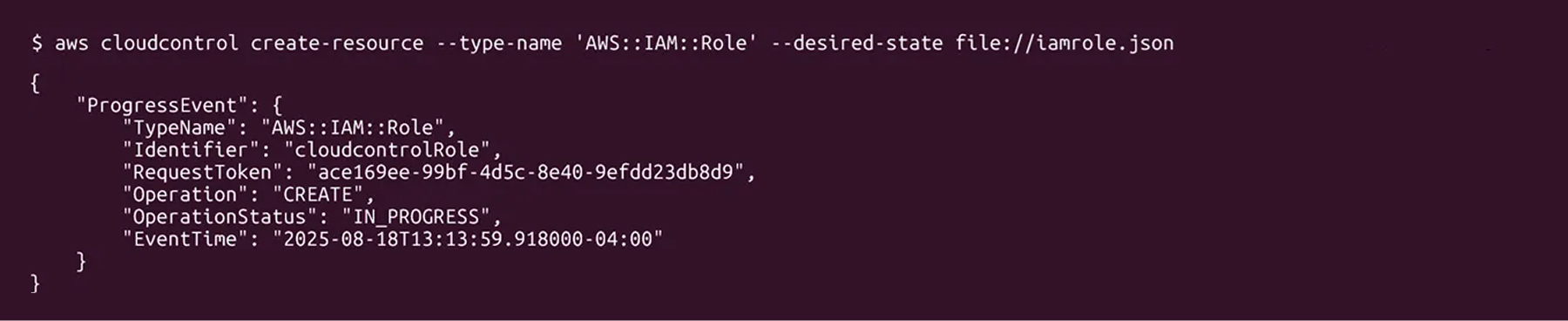 AWS CLI output showing creation of IAM role with cloudcontrol create-resource command in progress.