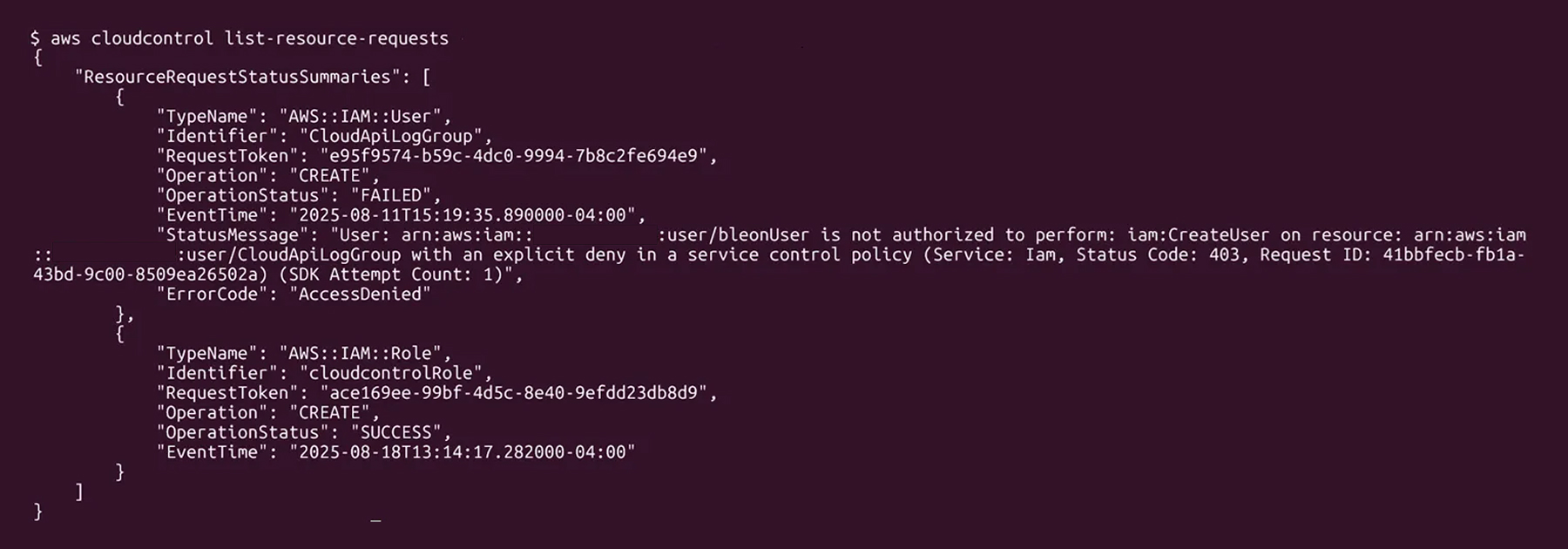 AWS CLI output showing failed IAM user creation due to access denial and successful IAM role creation.