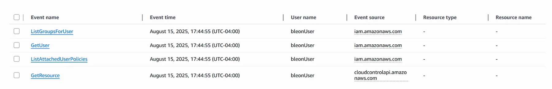 AWS CloudTrail event log listing actions performed by user bleonUser