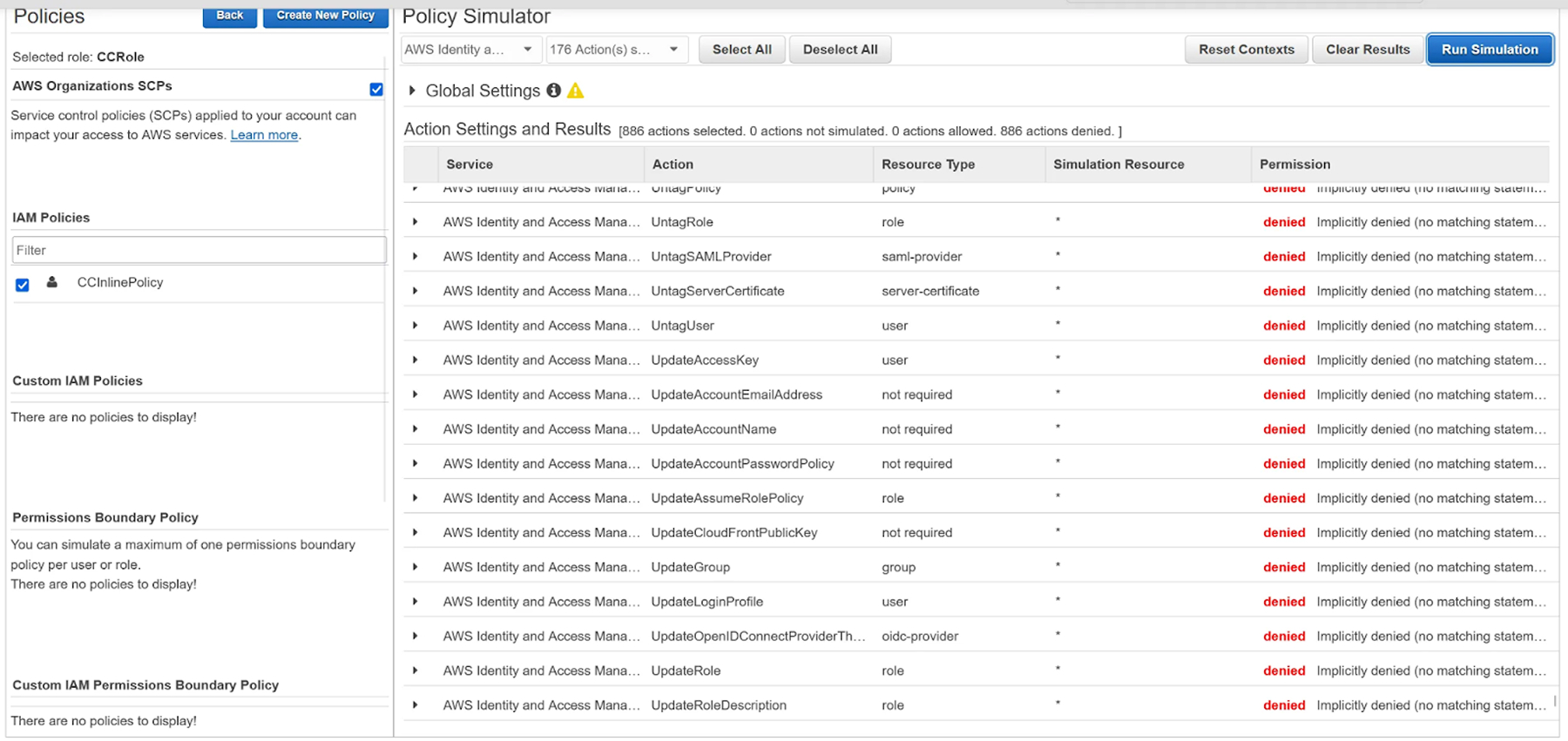 Screenshot of AWS IAM Policy Simulator for role “CCRole”