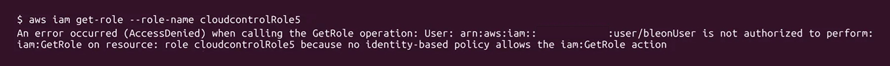 AWS CLI error showing AccessDenied for GetRole on cloudcontrolRole5.