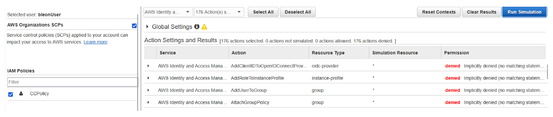 AWS policy simulator showing denied IAM actions for user bleonUser.