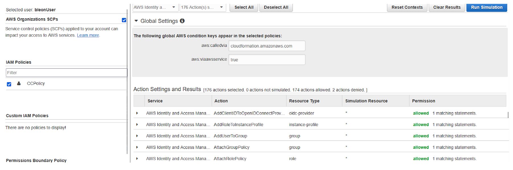 AWS policy simulator showing allowed IAM actions when called via AWS service.