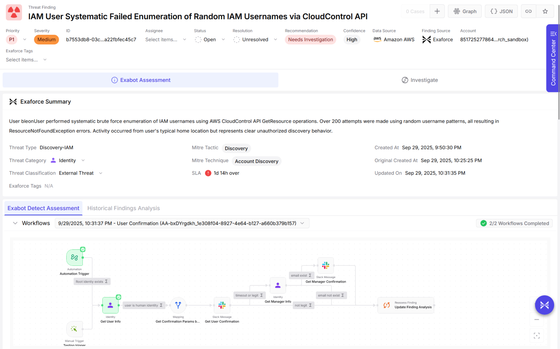 Exaforce alert showing IAM brute force activity using CloudControl API enumeration
