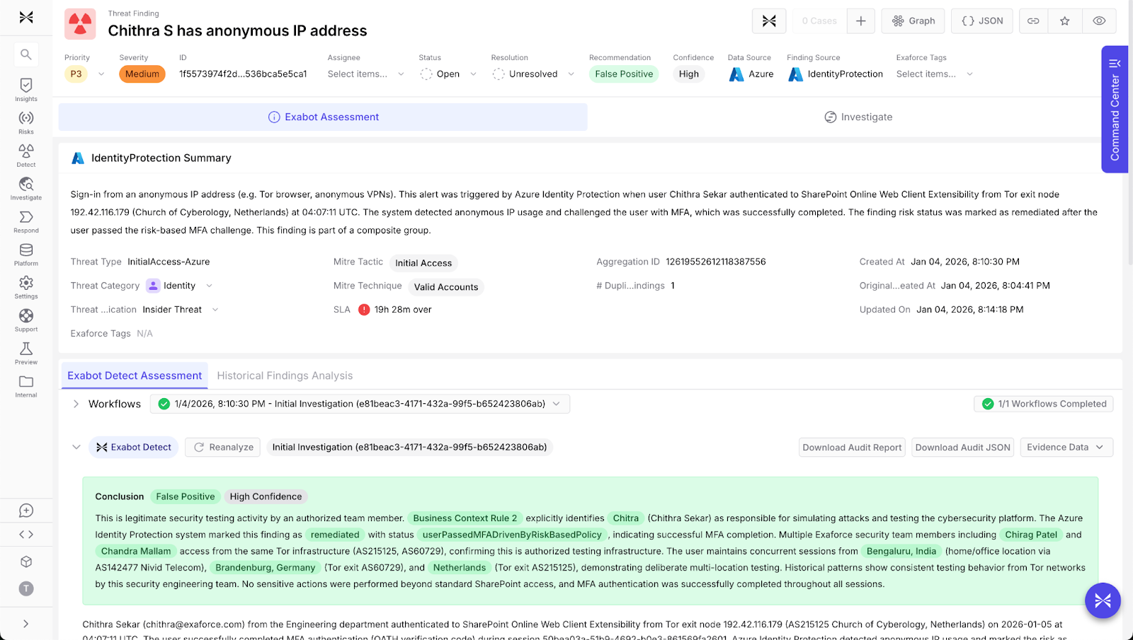 False positive from Microsoft Entra ID Protection was automatically triaged as a false positive and consolidated with related alerts