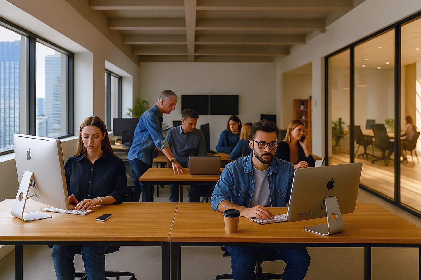 Modern co-working space with team members working at long wooden desks, computers and city skyline visible through large windows.