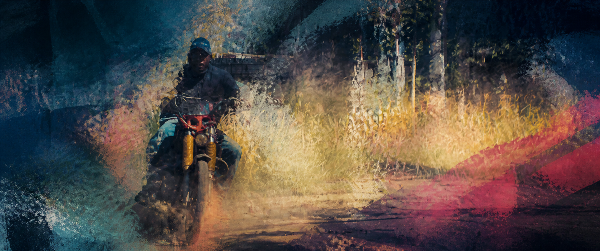 Stylized cinematic artwork of a motorcyclist riding along a rural Tanzanian road
