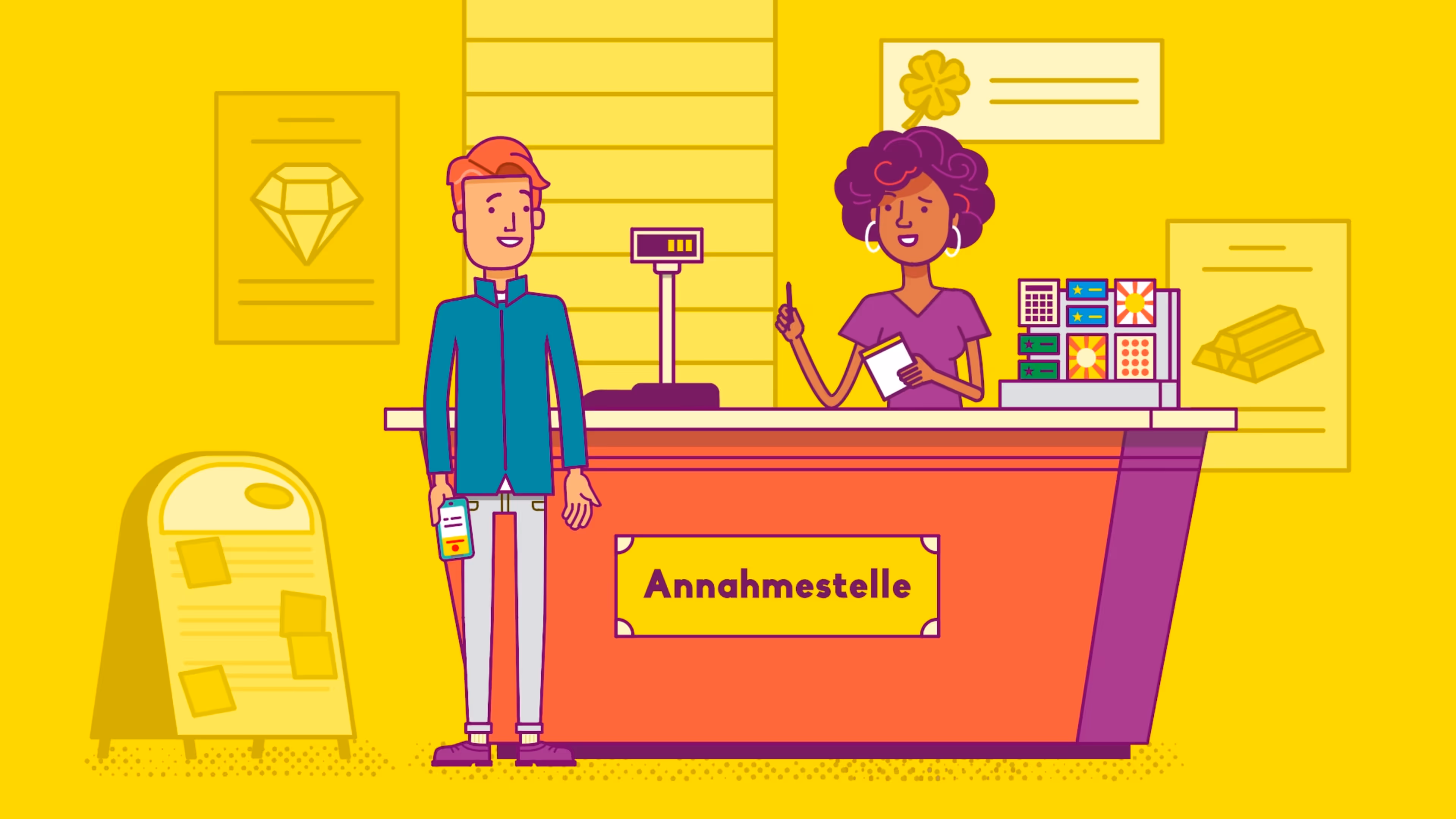 Illustration Verkäufer in einer Annahmestelle