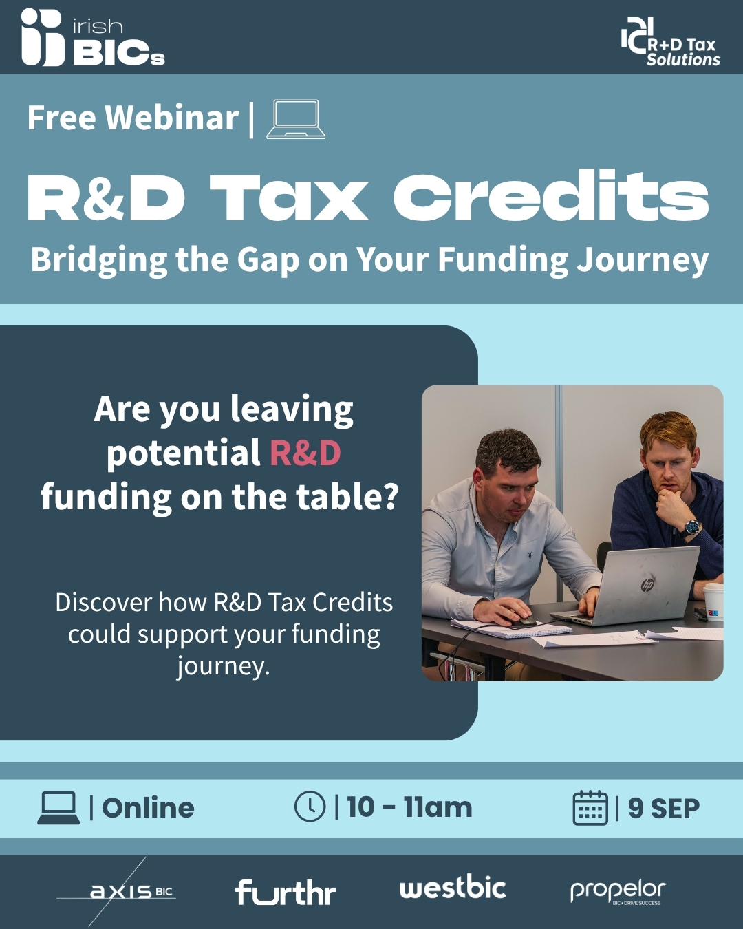 Irish BICs webinar graphic asking if founders are leaving potential R and D funding on the table