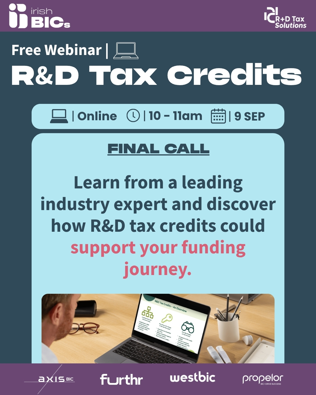 Final call graphic for the free Irish BICs R and D Tax Credits webinar on 9 September