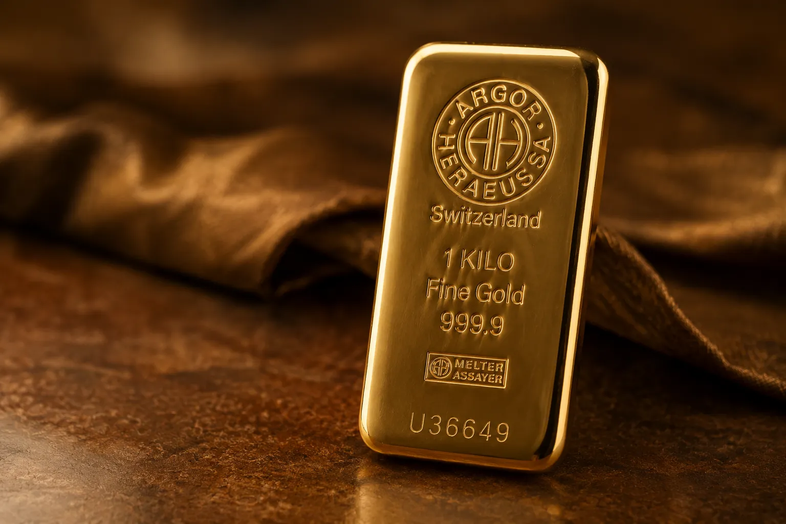 Zlatý slitok 1 kilo ryzího zlata s nápisem Argor Heraeus Switzerland.