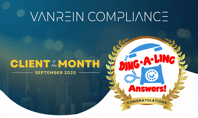 Vanrein Compliance honors Ding A Ling Answering Service as Client of the Month for September 2025 with a gold laurel wreath and congratulations banner.
