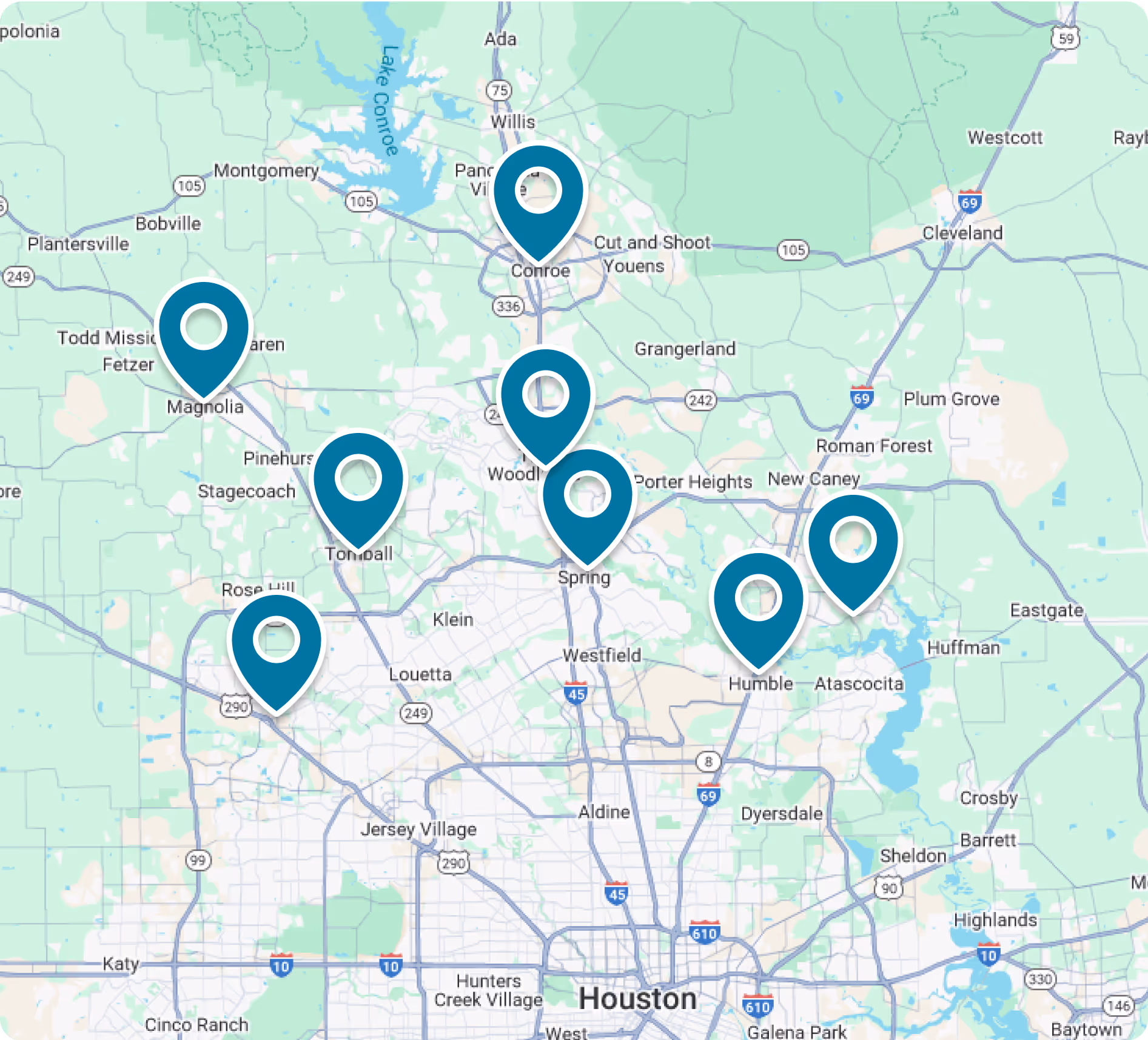 Map of Houston area with multiple blue location pins across different suburbs