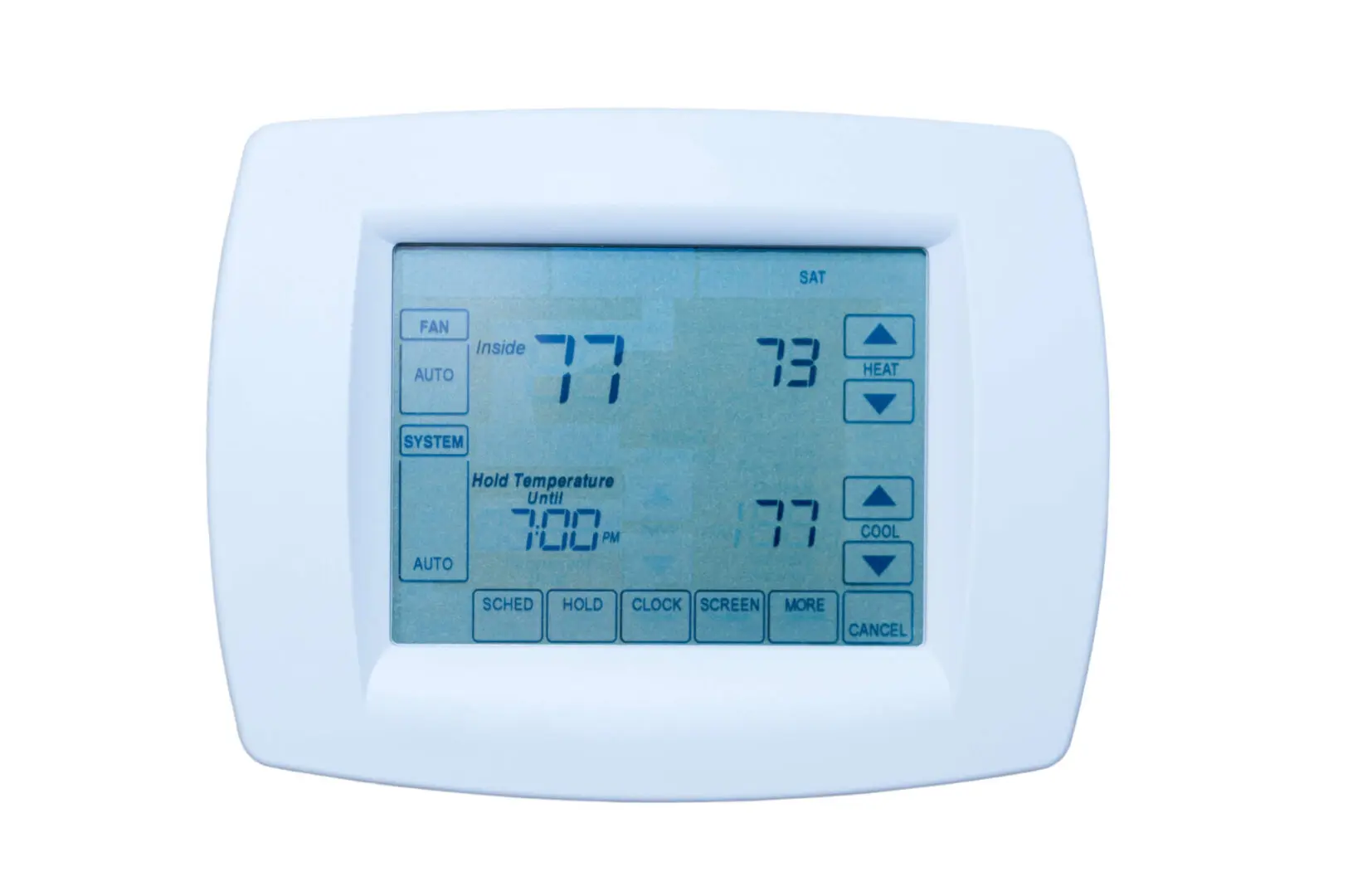 A digital thermostat with two different temperature settings.