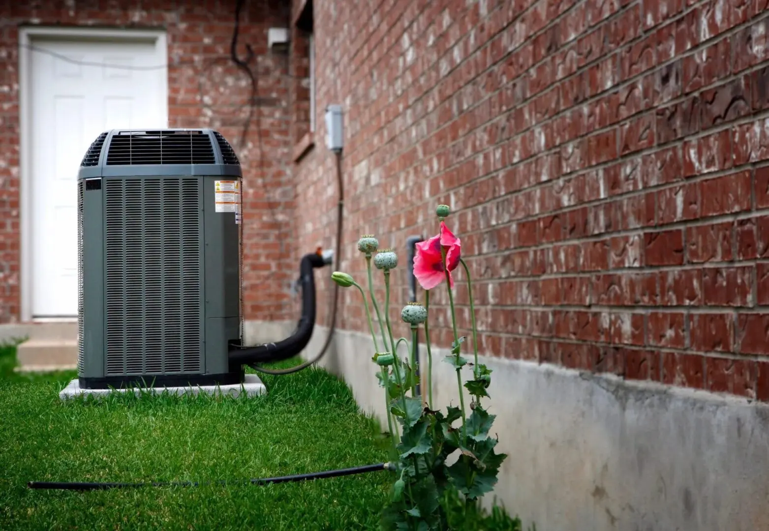 Air conditioning unit next to bright pink flower by brick wall