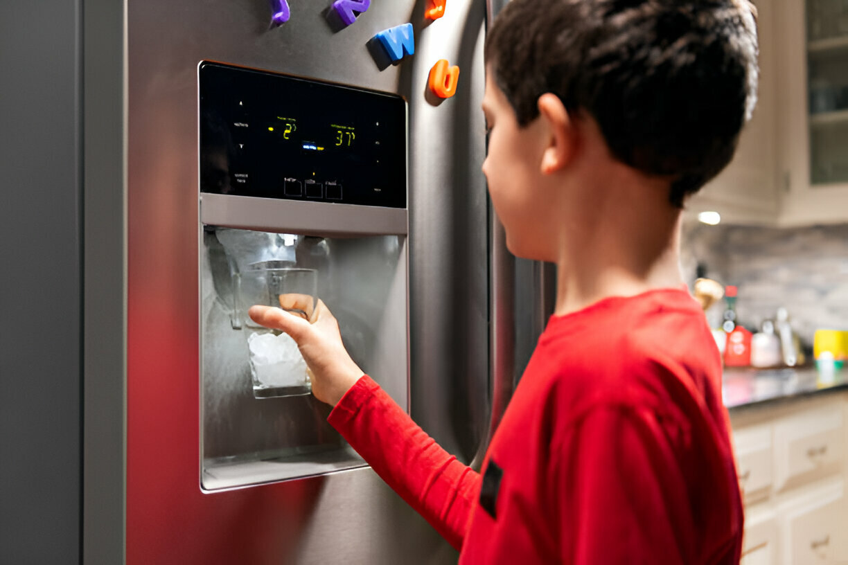 Child in red shirt getting ice from refrigerator water dispenser