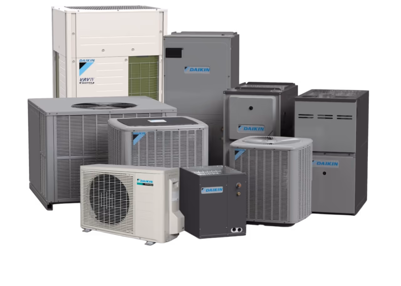 A group of air conditioners and heat pumps.