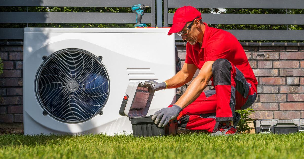 HVAC technician with a toolbox to perform repairs on a heat pump