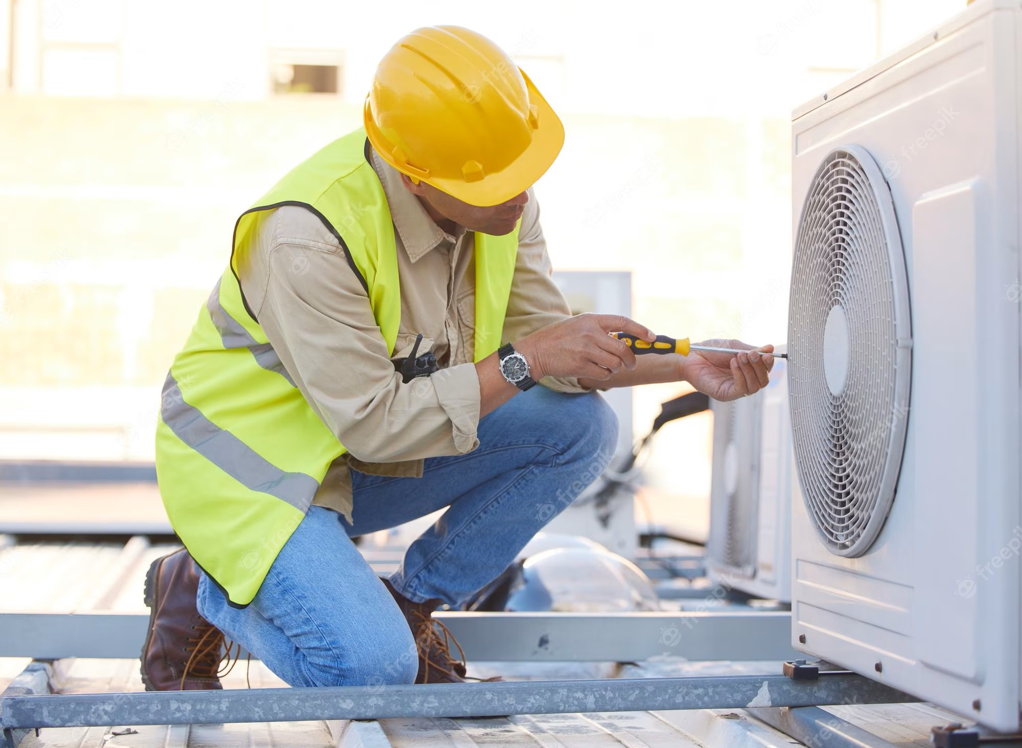 A technician fixing the HVAC unit with screw driver