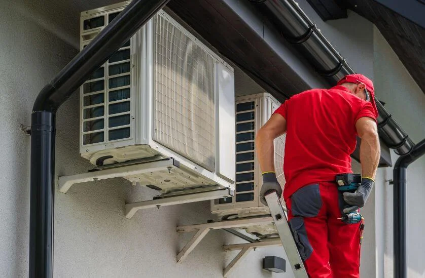Man on a ladder to work on two suspended heat pumps