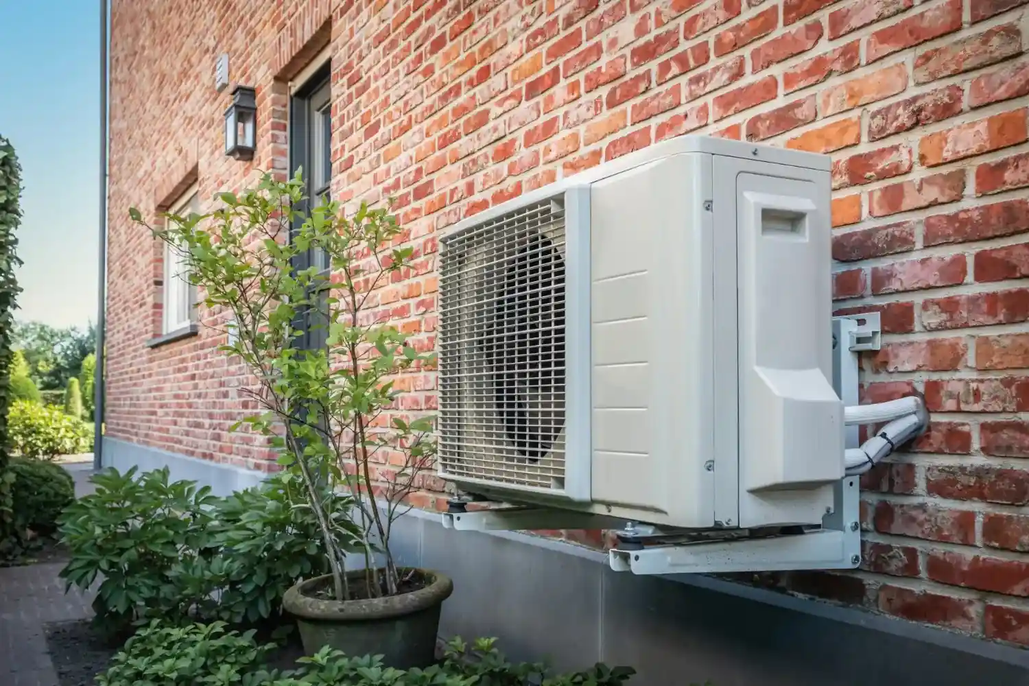A newly installed, off-white outdoor heat pump unit mounted on a metal bracket on the brick wall of a house, with landscaping and a small plant in a pot nearby.