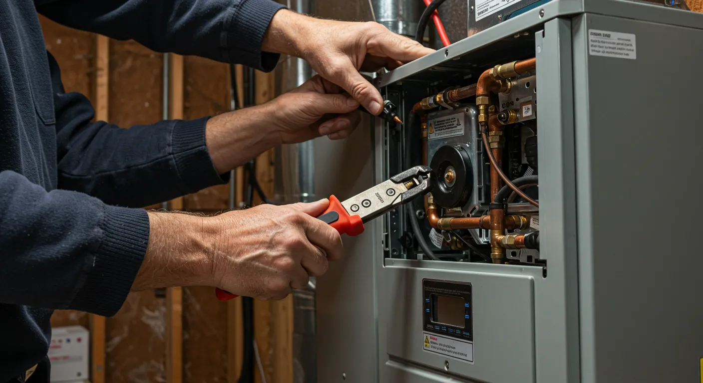 A technician is repairing a furnace, holding a wire stripper and working on internal components