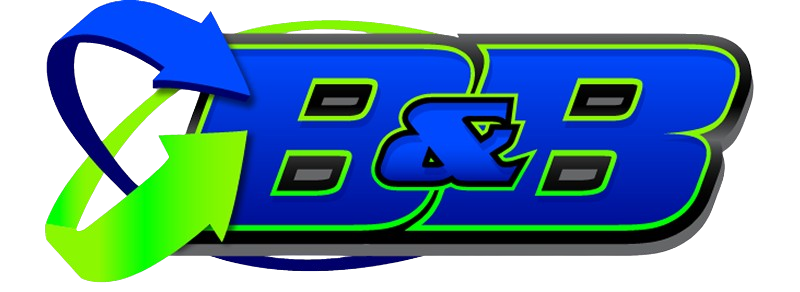 B&B logo with blue and green 3D curved arrows and stylized letters