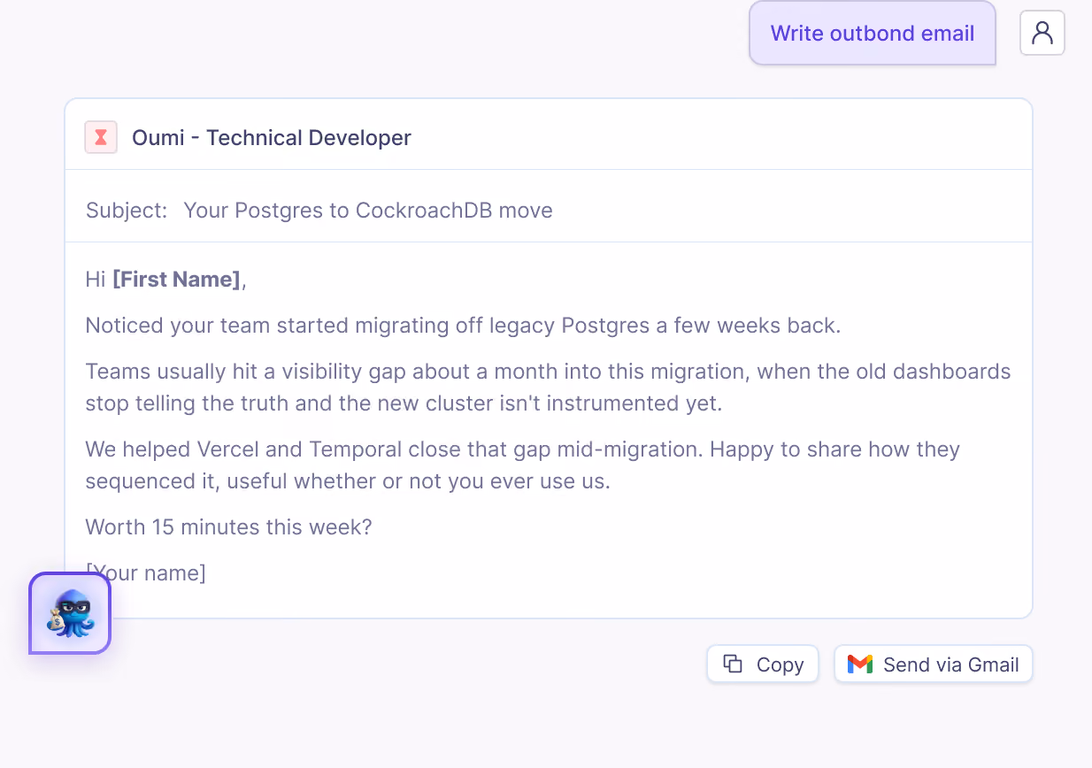 AI-powered outbound email composer generating a personalized technical sales email with copy and Gmail send options.