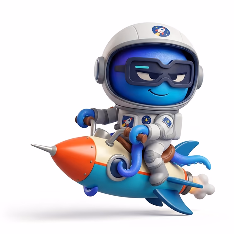3D illustration of a smiling blue AI astronaut wearing a space suit and visor while riding a colorful rocket, representing AI-powered innovation, automation, and rapid growth.