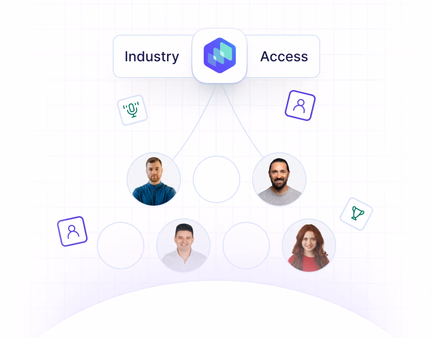 Illustration of a connected professional network with an AI platform linking industry experts and user profiles, representing industry access, expert discovery, and go-to-market networking.