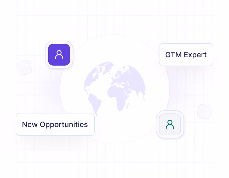 llustration of a global GTM expert network showing a world map surrounded by user profile icons with labels 'GTM Expert' and 'New Opportunities', representing global go-to-market connections and talent discovery."