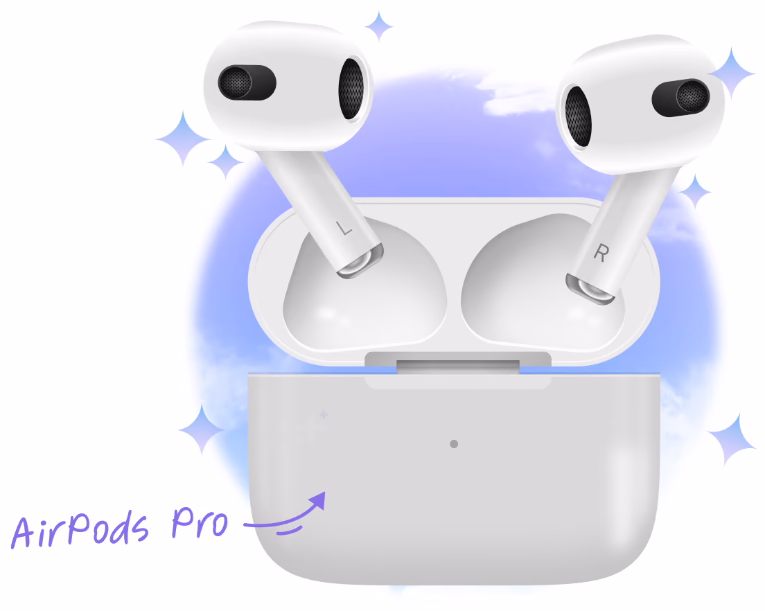 Illustration of AirPods Pro earbuds in their charging case with sparkles and a label reading 'AirPods Pro', representing a premium reward or giveaway.